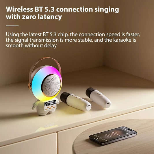 Karaoke Portátil Parlante Astronauta | Sonido Potente + Micrófonos Inalámbricos + Luces LED